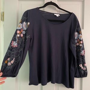 Euc J Jill navy floral embroidered sleeve top size medium petite
